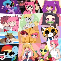 Size: 1040x1034 | Tagged: safe, artist:kittyrosie, derpy hooves, fluttershy, izzy moonbow, rainbow dash, rarity, eevee, human, pegasus, pony, unicorn, g4, g5, :3, :p, blushing, chocolate, christmas, christmas sweater, christmas tree, clothes, colored hooves, cookie, cute, d.va, dashabetes, demon slayer, derpabetes, eyes closed, female, fire, fireplace, food, happy, headphones, heart, heart eyes, holiday, hoof hold, hot chocolate, izzybetes, kittyrosie is trying to murder us, looking at you, mare, milk, miss kobayashi's dragon maid, muffin, mug, nezuko kamado, nintendo switch, open mouth, overwatch, pokémon, purple background, pusheen, raspberry, redraw, remake, rsafe, shyabetes, sign, simple background, smiling, starry eyes, sweater, that pony sure does love muffins, tohru, tongue out, tree, whisker markings, wingding eyes