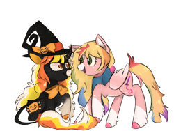 Size: 2048x1536 | Tagged: safe, artist:metaruscarlet, oc, oc only, oc:day dreamer, oc:pumpkin brew, classical unicorn, pegasus, pony, unicorn, 2023 community collab, derpibooru community collaboration, bowtie, cape, clothes, cloven hooves, curved horn, cute, duo, freckles, hat, horn, leonine tail, looking at each other, looking at someone, markings, multicolored hair, open mouth, rainbow hair, raised hoof, scarf, simple background, sitting, transparent background, unshorn fetlocks, witch, witch hat
