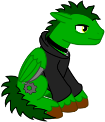 Size: 950x1101 | Tagged: safe, artist:guardian talon, derpibooru exclusive, oc, oc only, original species, pony, 2023 community collab, derpibooru community collaboration, clothes, collar, hoodie, male, messy mane, simple background, sitting, solo, stallion, talons, tired, transparent background, unshorn fetlocks