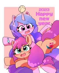 Size: 1673x2048 | Tagged: safe, artist:leo19969525, izzy moonbow, sunny starscout, earth pony, pony, unicorn, g5, 2023, ball, cute, duo, duo female, ears, ears up, female, green eyes, hair, happy new year, happy new year 2023, holiday, horn, horn impalement, hornball, izzy impaling things, izzy's tennis ball, izzybetes, mane, mare, open mouth, purple eyes, sunnybetes, tennis ball