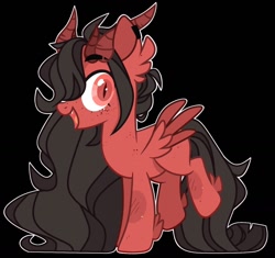 Size: 1410x1327 | Tagged: safe, artist:kreedie, oc, oc only, demon, demon pony, pony, base used, black background, body freckles, colored wings, cute, cute little fangs, ear fluff, eyebrow slit, eyebrows, fangs, feathered fetlocks, female, freckles, long hair, long mane, long tail, mare, red eyes, simple background, slit pupils, small wings, smiling, solo, tail, two toned wings, wings