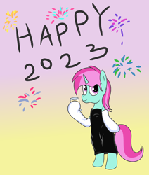 Size: 2200x2600 | Tagged: safe, artist:amateur-draw, oc, oc only, oc:belle boue, pony, unicorn, black dress, clothes, crossdressing, dress, evening gloves, glasses, gloves, gradient background, happy new year, happy new year 2023, high res, holiday, long gloves, male, solo, stallion