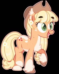 Size: 1074x1348 | Tagged: safe, artist:kreedie, applejack, earth pony, pony, g4, base used, black background, female, freckles, hat, mare, open mouth, raised hoof, simple background, smiling, solo, unshorn fetlocks