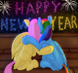 Size: 1032x973 | Tagged: safe, artist:callichrome, fluttershy, rainbow dash, pegasus, pony, 2023, female, fireworks, flutterdash, folded wings, happy new year, happy new year 2023, holiday, hug, lesbian, night, shipping, stars, wings