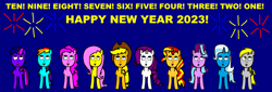 Size: 2454x832 | Tagged: safe, applejack, derpy hooves, fluttershy, pinkie pie, rainbow dash, rarity, starlight glimmer, sunset shimmer, trixie, twilight sparkle, g4, 2023, alternate mane seven, blue background, fireworks, happy new year, happy new year 2023, holiday, looking up, mane six, simple background