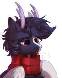 Size: 1900x2400 | Tagged: safe, artist:anku, oc, oc only, pegasus, pony, bust, clothes, horns, male, open mouth, portrait, scarf, simple background, solo, striped scarf, white background
