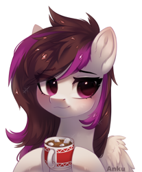 Size: 1900x2296 | Tagged: safe, artist:anku, oc, oc only, pegasus, pony, bust, chocolate, cup, ear cleavage, female, food, hoof hold, hot chocolate, mare, marshmallow, mug, pegasus oc, portrait, simple background, smiling, solo, white background