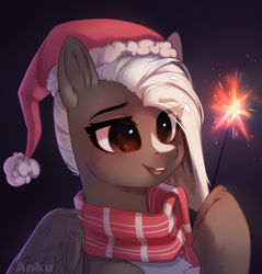 Size: 1900x1984 | Tagged: safe, artist:anku, oc, oc only, pegasus, pony, bust, clothes, female, mare, open mouth, pegasus oc, portrait, scarf, simple background, solo, striped scarf