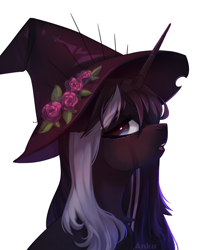 Size: 1900x2400 | Tagged: safe, artist:anku, oc, oc only, pony, unicorn, bust, clothes, female, hat, horn, mare, open mouth, portrait, scarf, simple background, solo, unicorn oc, white background, witch hat