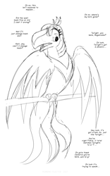 Size: 1250x2000 | Tagged: safe, artist:runningtoaster, twilight sparkle, phoenix, g4, beak, dialogue, eyelashes, female, implied applejack, implied fluttershy, implied pinkie pie, implied rainbow dash, implied rarity, lineart, offscreen character, open beak, open mouth, perching, post-transformation, requested art, simple background, sketch, species swap, speech change, spell gone wrong, transformation, white background