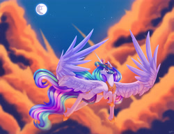 Size: 5736x4400 | Tagged: safe, artist:honeybbear, princess celestia, alicorn, pony, cloud, flying, large wings, looking back, mare in the moon, moon, solo, spread wings, wings