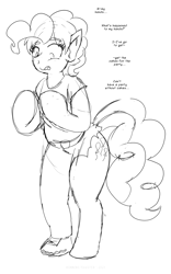 Size: 1250x2000 | Tagged: safe, artist:runningtoaster, pinkie pie, earth pony, human, pony, g4, clothes, dialogue, human to pony, lineart, male to female, mental shift, mid-transformation, mismatched eyes, monochrome, pants, requested art, rule 63, shoes, simple background, sketch, solo, species swap, speech bubble, talking, transformation, transgender transformation, white background