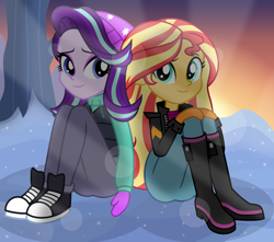 Size: 6800x6000 | Tagged: safe, artist:emeraldblast63, starlight glimmer, sunset shimmer, human, equestria girls, g4, ass, butt, clothes, converse, duo, duo female, female, happy new year, holiday, looking at you, shoes, sitting, smiling, snow, sunrise, sunset, tree, winter, winter outfit