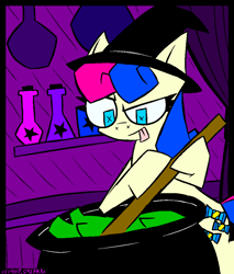Size: 1692x1986 | Tagged: safe, artist:xxv4mp_g4z3rxx, bon bon, sweetie drops, earth pony, pony, g4, blue eyes, cauldron, curtains, female, hat, mare, pan, pot, potion, shelf, solo, tail, tongue out, two toned mane, two toned tail, witch, witch hat