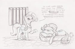 Size: 2668x1760 | Tagged: safe, artist:mellodillo, starlight glimmer, trixie, pony, unicorn, bed, clothes, commission, dialogue, duo, female, grayscale, lying down, mare, monochrome, open mouth, pencil drawing, prison, prison bars, prison outfit, starlight glimmer is not amused, traditional art, unamused