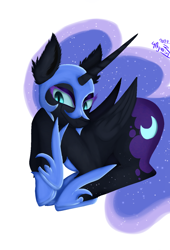 Size: 948x1395 | Tagged: safe, artist:4agonism, part of a set, nightmare moon, princess luna, alicorn, pony, antagonist, butt, ear fluff, ethereal mane, female, folded wings, full body, glowing, glowing eyes, horn, jewelry, looking sideways, lying down, mare, moonbutt, prone, raised hooves, regalia, simple background, smiling, smirk, solo, translucent mane, villainess, white background, wings