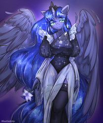 Size: 1756x2098 | Tagged: safe, artist:blueomlette, princess luna, alicorn, anthro, g4, alternate hairstyle, big breasts, blue eyes, breasts, clothes, crown, dress, eyebrows, eyelashes, eyeshadow, female, flower, garter belt, garters, hips, horn, jewelry, lidded eyes, lily (flower), looking at you, makeup, pegasus wings, regalia, see-through, smiling, socks, solo, stockings, tail, thigh highs, thighs, wings