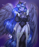 Size: 1756x2098 | Tagged: safe, artist:blueomlette, princess luna, alicorn, anthro, alternate hairstyle, blue eyes, breasts, clothes, crown, dress, eyebrows, eyelashes, eyeshadow, flower, garters, hips, horn, jewelry, lidded eyes, lily (flower), looking at you, makeup, pegasus wings, regalia, see-through, smiling, socks, solo, stockings, tail, thigh highs, thighs, wings