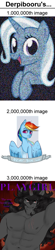 Size: 669x3044 | Tagged: safe, artist:bvnnydolls, artist:kilka-chan-yana, king sombra, rainbow dash, trixie, pegasus, pony, unicorn, anthro, g4, 1000000, 2000000, 3000000, :t, abs, arm behind head, armpits, banner, bedroom eyes, belly button, bust, collage, colored pupils, cover art, derpibooru legacy, epic get, female, get, greatest internet moments, grin, hair, horn, king sombara, lidded eyes, long hair, looking at you, male, male nipples, mare, milestone, motivational poster, muscles, muscular male, nipples, nudity, old banner, positive ponies, scar, simple background, smiling, solo, spread wings, stupid sexy sombra, text, white background, wing fluff, wings