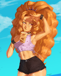 Size: 2000x2480 | Tagged: safe, artist:nire, adagio dazzle, human, equestria girls, g4, armpits, belly button, breasts, bubble tea, choker, clothes, cloud, drink, eyeshadow, female, high res, lipstick, makeup, midriff, nail polish, reasonably sized breasts, shorts, sideboob, sleeveless, solo, spiked headband, spiked wristband, sweat, thighs, wide hips, wristband