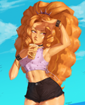 Size: 2000x2480 | Tagged: safe, artist:nire, adagio dazzle, human, equestria girls, armpits, belly button, breasts, bubble tea, choker, clothes, cloud, drink, eyeshadow, lipstick, makeup, midriff, nail polish, shorts, sideboob, sleeveless, spiked headband, spiked wristband, sweat, thighs, wide hips, wristband