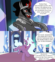 Size: 1280x1440 | Tagged: safe, artist:davidpinskton117, artist:sollace, edit, edited screencap, screencap, king sombra, radiant hope, pony, idw, the beginning of the end, the times they are a changeling, .svg available, alternate universe, background, concubine, crystal empire, female, hopebra, imminent kissing, imminent sex, implied sex, male, shipping, shipping domino, show accurate, speech bubble, straight, throne room, vector