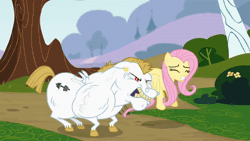 Size: 1280x720 | Tagged: safe, screencap, bulk biceps, fluttershy, pegasus, pony, rainbow falls, animated, duo, duo male and female, female, flying, male, mare, sound, stallion, tree, webm, yelling