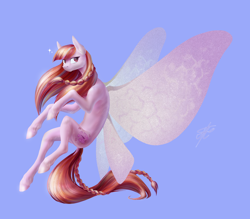 Size: 4000x3500 | Tagged: safe, artist:jehr, oc, oc only, butterfly, fly, insect, moth, pegasus, pony, air, blue background, flying, hybrid oc, pink, simple background, sky, solo, trade