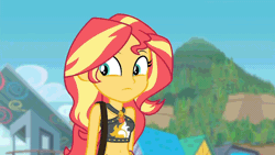 Size: 1280x720 | Tagged: safe, screencap, sunset shimmer, human, equestria girls, equestria girls specials, g4, my little pony equestria girls: better together, my little pony equestria girls: forgotten friendship, animated, bare shoulders, belly button, bikini, bikini top, blinking, clothes, cropped, geode of empathy, gif, hill, magical geodes, midriff, open mouth, sky, sleeveless, suspicious, swimsuit