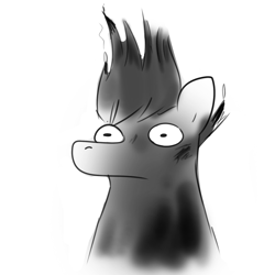 Size: 1584x1584 | Tagged: safe, artist:tjpones, oc, oc only, oc:tjpones, earth pony, pony, black and white, burnt, bust, grayscale, male, monochrome, simple background, singed, smoke, solo, stallion, white background