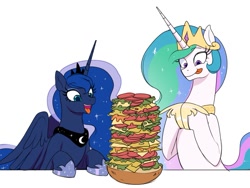 Size: 1233x927 | Tagged: safe, artist:moetempura, princess celestia, princess luna, alicorn, pony, g4, blondie (comic strip), bread, cheese, colored, crown, cute, cutelestia, dagwood sandwich, duo, ethereal mane, ethereal tail, eyelashes, food, height difference, herbivore, hoof shoes, hooves on the table, hooves together, hungry, imminent nom, jewelry, lettuce, licking, licking lips, long mane, looking at something, lunabetes, majestic as fuck, missing wing, open mouth, partially open wings, peytral, princess shoes, reference in the description, reference to another series, regalia, royal sisters, sandwich, sauce, siblings, simple background, sisters, sketch, sliced cheese, slim, smiling, sparkles, starry mane, starry tail, table, tail, tall, this will end in weight gain, tomato, tongue out, wall of tags, white background, wings