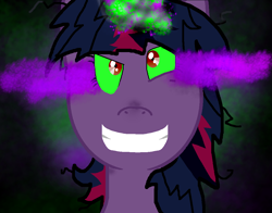 Size: 1008x792 | Tagged: safe, artist:pokemon-fireevee, twilight sparkle, alicorn, pony, g4, dark magic, dark twilight, dark twilight sparkle, darkened coat, darkened hair, glowing, glowing horn, gradient background, grin, horn, magic, messy mane, psychotic, smiling, solo, sombra eyes, twilight sparkle (alicorn)