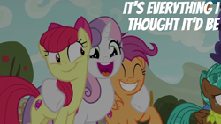 Size: 1920x1080 | Tagged: safe, edit, edited screencap, editor:quoterific, screencap, apple bloom, scootaloo, spur, sweetie belle, earth pony, pegasus, unicorn, g4, growing up is hard to do, caption, cutie mark crusaders, female, horn, mare, older, older apple bloom, older cmc, older scootaloo, older sweetie belle, smiling, text