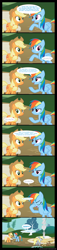 Size: 3978x17500 | Tagged: safe, artist:iamcommando13, applejack, derpy hooves, rainbow dash, bird, duck, earth pony, pegasus, pony, g4, 2012, absurd resolution, behaving like a duck, bench, comic, derpy being derpy, duckling, facehoof, female, mare, quack, scrunchy face, thumbnail is a stick