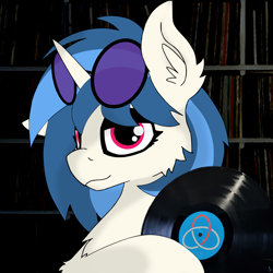 Size: 3659x3659 | Tagged: safe, artist:kotwitz, artist:vinyvitz, artist:voonko, derpibooru exclusive, dj pon-3, vinyl scratch, pony, unicorn, g4, alternate hairstyle, bust, chest fluff, ear fluff, floppy ears, glasses, high res, holding, hoof fluff, lidded eyes, looking at you, one ear down, portrait, record, smiling, smiling at you, solo