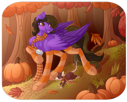 Size: 4994x4026 | Tagged: safe, artist:amazing-artsong, oc, oc only, oc:hannah rainboom, mouse, pegasus, pony, absurd resolution, clothes, female, forest, leaves, mare, pumpkin, scarf, socks, solo, stockings, striped scarf, striped socks, thigh highs, tree