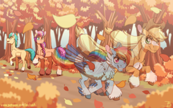 Size: 2400x1500 | Tagged: safe, artist:inuhoshi-to-darkpen, applejack, hitch trailblazer, rainbow dash, sunny starscout, earth pony, pegasus, pony, fall weather friends, g4, g5, applejack's hat, autumn, blaze (coat marking), cheek fluff, chest fluff, coat markings, confident, cowboy hat, ear fluff, facial markings, feathered fetlocks, female, g4 to g5, generation leap, grin, hat, hoof fluff, illusion, leaf, leaves, leg fluff, looking at each other, looking at someone, looking back, male, mane stripe sunny, mare, open mouth, raised hoof, running, running of the leaves, smiling, socks (coat markings), stallion, tail, tail feathers, tree, unshorn fetlocks
