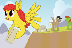 Size: 1800x1200 | Tagged: safe, artist:prixy05, crafty crate, oc, oc:brisk basket, pegasus, pony, g4, beard, box, brown coat, facial hair, female, flying, green coat, hat, male, mare, mountain, orange mane, red eyes, red mane, red tail, spread wings, stallion, tail, tan mane, tan tail, wings