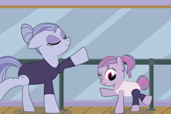 Size: 1800x1200 | Tagged: safe, artist:prixy05, oc, oc:pirouette, earth pony, pony, blue eyeshadow, clothes, eyes closed, eyeshadow, female, filly, foal, gray coat, leotard, makeup, mare, purple coat, red eyes, siblings, sisters, tail, two toned mane, two toned tail