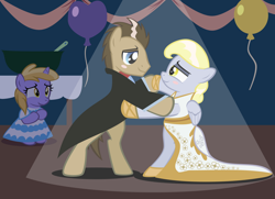 Size: 1280x928 | Tagged: safe, artist:magerblutooth, derpy hooves, dinky hooves, doctor whooves, time turner, earth pony, pony, unicorn, g4, balloon, bipedal, blush sticker, blushing, bowtie, clothes, cute, dancing, derpabetes, dress, fanfic art, female, happy, male, marriage, punch (drink), punch bowl, ship:doctorderpy, shipping, smiling, spotlight, stallion, straight, streamers, suit, wedding, wedding dress