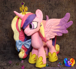 Size: 2531x2304 | Tagged: safe, artist:1stastrastudio, princess cadance, alicorn, pony, g4, bow, commission, high res, hoof shoes, horn, irl, jewelry, photo, plushie, solo, spread wings, standing, tiara, wings