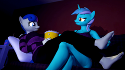 Size: 3840x2160 | Tagged: safe, artist:themanwithaquest, bon bon, lyra heartstrings, sweetie drops, earth pony, unicorn, anthro, plantigrade anthro, g4, 3d, barefoot, clothes, couch, crossed legs, cushion, feet, female, food, foot tickling, high res, lesbian, lidded eyes, movie night, nail polish, pants, popcorn, reclining, request, requested art, ship:lyrabon, shipping, smug, soles, source filmmaker, stifling laughter, sweater, tank top, teasing, tickling, toenail polish, toes