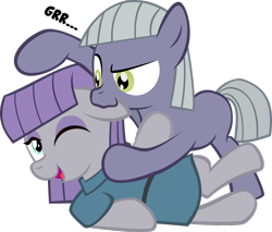Size: 1000x852 | Tagged: safe, artist:magerblutooth, limestone pie, maud pie, earth pony, pony, g4, biting, clothes, cute, duo, ear bite, growling, limabetes, maudabetes, one eye closed, open mouth, open smile, playing, simple background, smiling, sports, transparent background, when she smiles, wrestling, younger