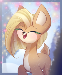 Size: 1800x2200 | Tagged: safe, artist:miryelis, oc, oc only, deer, big ears, deer oc, eyes closed, female, gift art, happy, heart nose, non-pony oc, pale belly, simple background, smiling, snow, solo