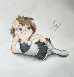 Size: 1727x1800 | Tagged: safe, artist:engi, oc, oc only, oc:prince whateverer, pegasus, pony, clothes, crown, eyebrows, female, freckles, jewelry, maid, mare, pegasus oc, regalia, rule 63, simple background, smiling, solo, stockings, thigh highs, traditional art