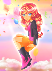 Size: 2400x3300 | Tagged: safe, artist:virtualb0y, sunset shimmer, human, equestria girls, g4, balloon, boots, clothes, female, high res, jacket, shirt, shoes, skirt, solo