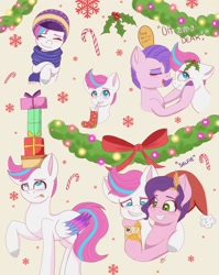 Size: 1632x2046 | Tagged: safe, artist:galaxy swirl, pipp petals, queen haven, zipp storm, pegasus, pony, g5, spoiler:g5, adorapipp, adorazipp, beanie, candy, candy cane, cellphone, christmas, clothes, cute, female, food, hat, holiday, holly, mother and child, mother and daughter, mothers gonna mother, phone, present, royal sisters (g5), santa hat, scarf, selfie, siblings, sisters, smartphone