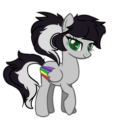 Size: 1000x1000 | Tagged: safe, artist:dankpegasista, oc, oc only, oc:lunar dash, pegasus, pony, bangs, colored wings, cute, digital art, ear piercing, eyelashes, female, folded wings, gray coat, green eyes, looking at you, mare, multicolored wings, ocbetes, piercing, png, ponytail, rainbow wings, raised hoof, simple, simple background, solo, transparent background, vector, wings