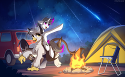 Size: 3480x2139 | Tagged: safe, artist:strafe blitz, oc, oc only, oc:hazel radiate, oc:ospreay, griffon, pony, unicorn, bow, campfire, car, chair, commissioner:biohazard, griffon oc, high res, highlights, horn, night, open mouth, ponies riding griffons, ponytail, riding, shooting star, starry sky, stars, tail, tail bow, tent, unicorn oc