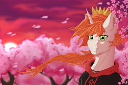 Size: 5315x3543 | Tagged: safe, artist:creed larsen, oc, oc:etoz, pony, unicorn, bust, cherry blossoms, clothes, commission, crown, female, flower, flower blossom, jewelry, portrait, regalia, smiling, solo, sunset